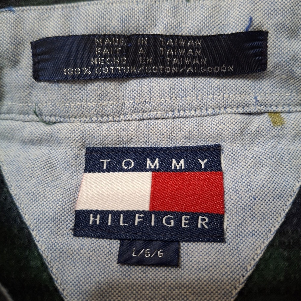 VTG 90s Tommy Hilfiger Seersucker Plaid Shirt Men L Green Navy Blue Blackwatch - Picture 2 of 9